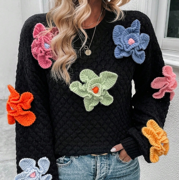 Sweaters - Floral Appliques Drop Shoulder Sweater